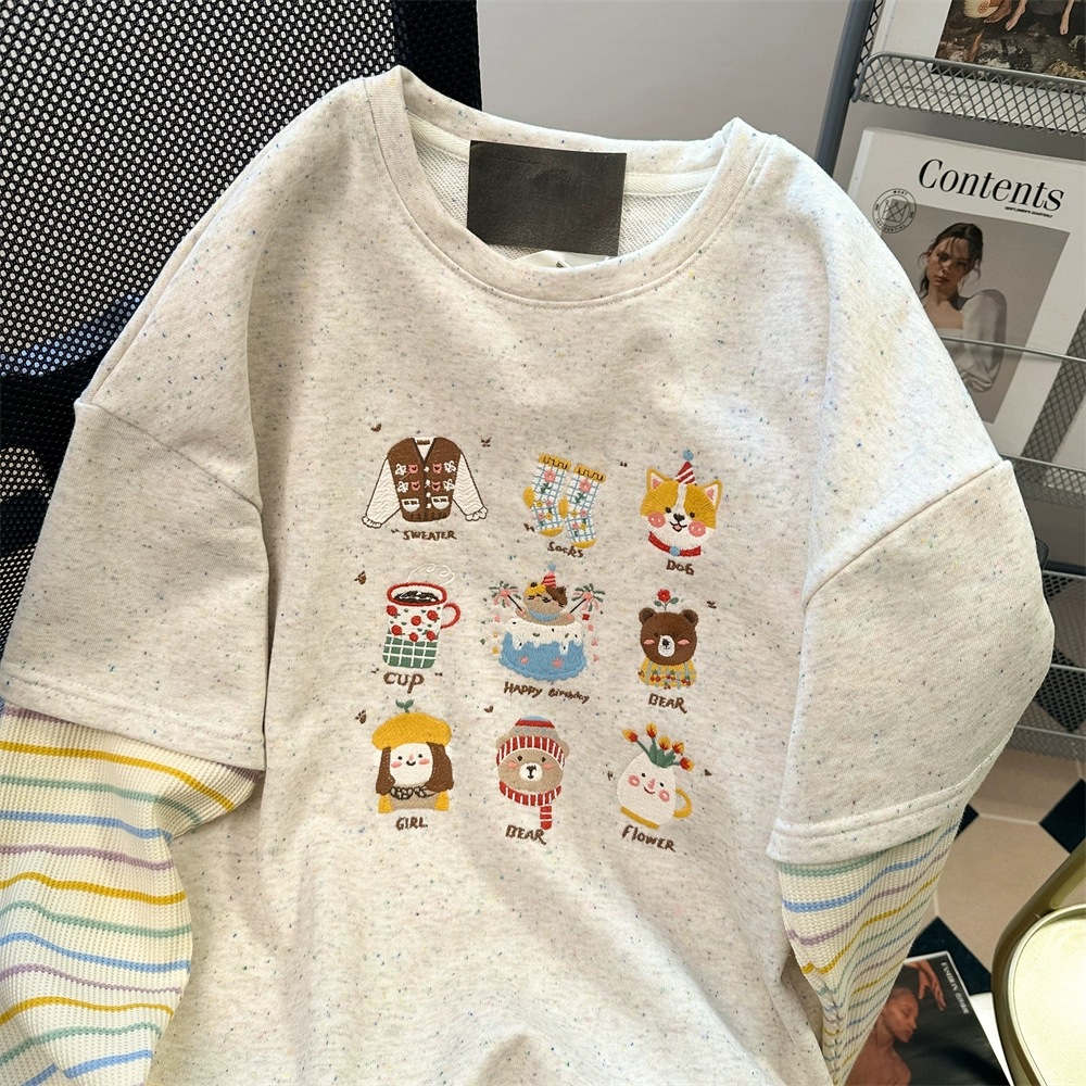 300 Embroidered Cartoon Hoodie Autumn Vacation Two Piece Splicing Striped Long Sleeve T-shirt 300 Embroidered Cartoon Hoodie Autumn Vacation Two Piece Splicing Striped Long Sleeve T-shirt