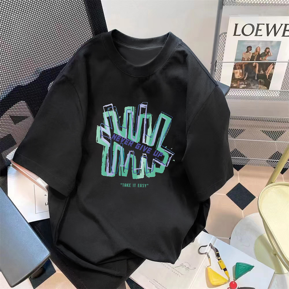 Manufacturer wholesale trend retro letter printed pattern top loose five quarter sleeve T-shirt simple versatile top Manufacturer wholesale trend retro letter printed pattern top loose five quarter sleeve T-shirt simple versatile top