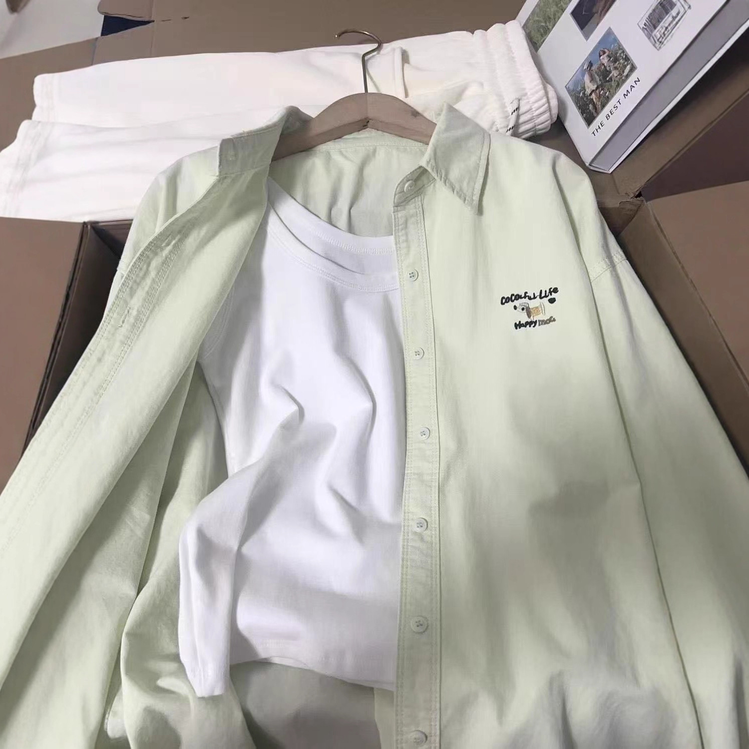 New versatile puppy embroidery pure cotton loose casual mid to long length long sleeved shirt for women's early autumn new shirt New versatile puppy embroidery pure cotton loose casual mid to long length long sleeved shirt for women's early autumn new shirt