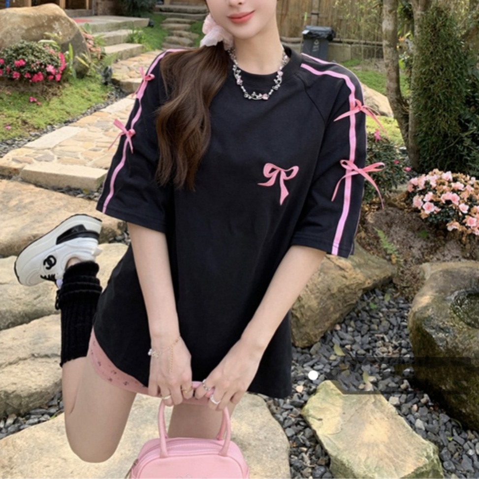 21 pieces 210g combed pure cotton summer sweet cool bow embroidery short sleeved T-shirt for women with a sense of design, niche top trend