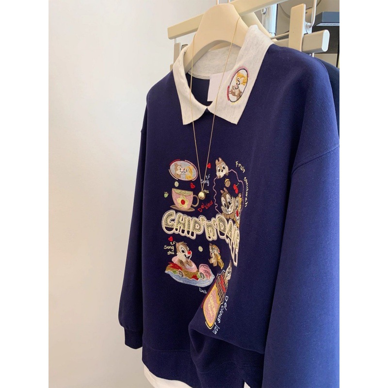 Navy blue embroidered polo collar hoodie for women, early autumn new item, fake, two unique super hot design, anti-aging top Navy blue embroidered polo collar hoodie for women, early autumn new item, fake, two unique super hot design, anti-aging top
