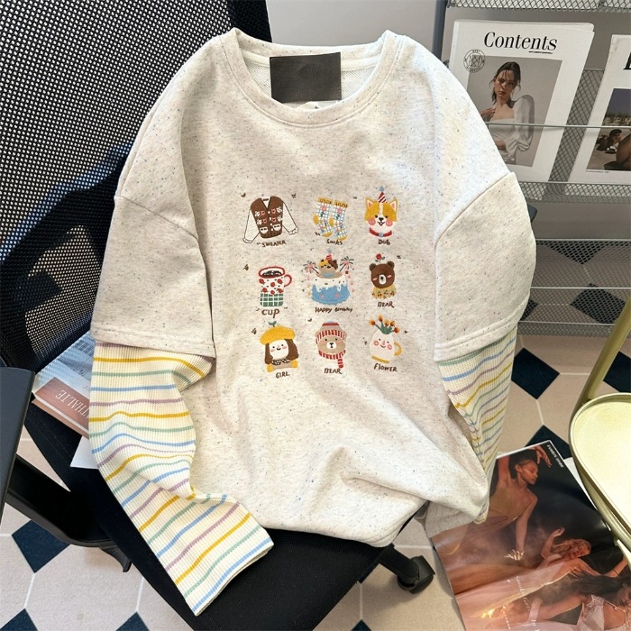 300 Embroidered Cartoon Hoodie Autumn Vacation Two Piece Splicing Striped Long Sleeve T-shirt 300 Embroidered Cartoon Hoodie Autumn Vacation Two Piece Splicing Striped Long Sleeve T-shirt
