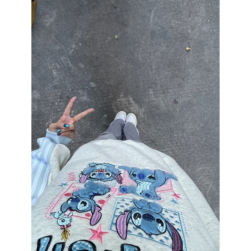 Pure cotton milk blue cute Stitch hooded sweatshirt for women in winter with plush and thick cartoon anti-aging top jacket Pure cotton milk blue cute Stitch hooded sweatshirt for women in winter with plush and thick cartoon anti-aging top jacket