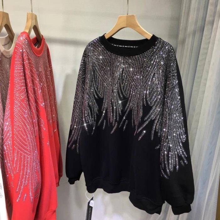 6554 # 300kg Extra Large Size with Thick Velvet Heavy duty Hot Drilled Front and Rear Full Drilled Light Luxury Wings Long Sleeve Hoodie for Women 6554 # 300kg Extra Large Size with Thick Velvet Heavy duty Hot Drilled Front and Rear Full Drilled Light Luxury Wings Long Sleeve Hoodie for Women