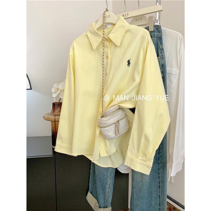 Pony embroidered shirt for women, loose Korean style, simple and high-end design, commuting shirt, fashionable and casual long sleeved top Pony embroidered shirt for women, loose Korean style, simple and high-end design, commuting shirt, fashionable and casual long sleeved top