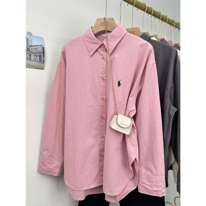 Pony embroidered shirt for women, loose Korean style, simple and high-end design, commuting shirt, fashionable and casual long sleeved top Pony embroidered shirt for women, loose Korean style, simple and high-end design, commuting shirt, fashionable and casual long sleeved top