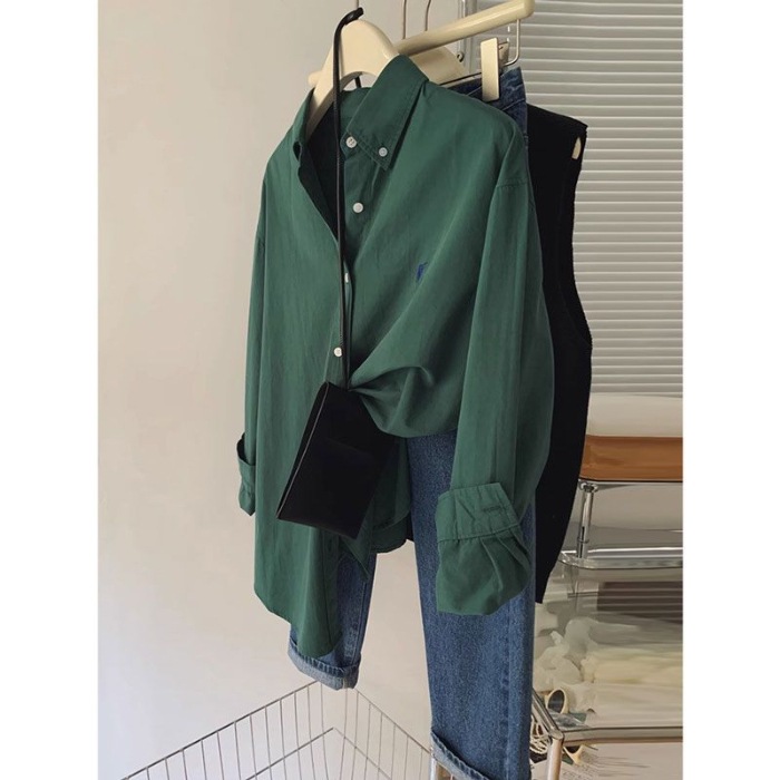 Pony embroidered shirt for women, loose Korean style, simple and high-end design, commuting shirt, fashionable and casual long sleeved top Pony embroidered shirt for women, loose Korean style, simple and high-end design, commuting shirt, fashionable and casual long sleeved top