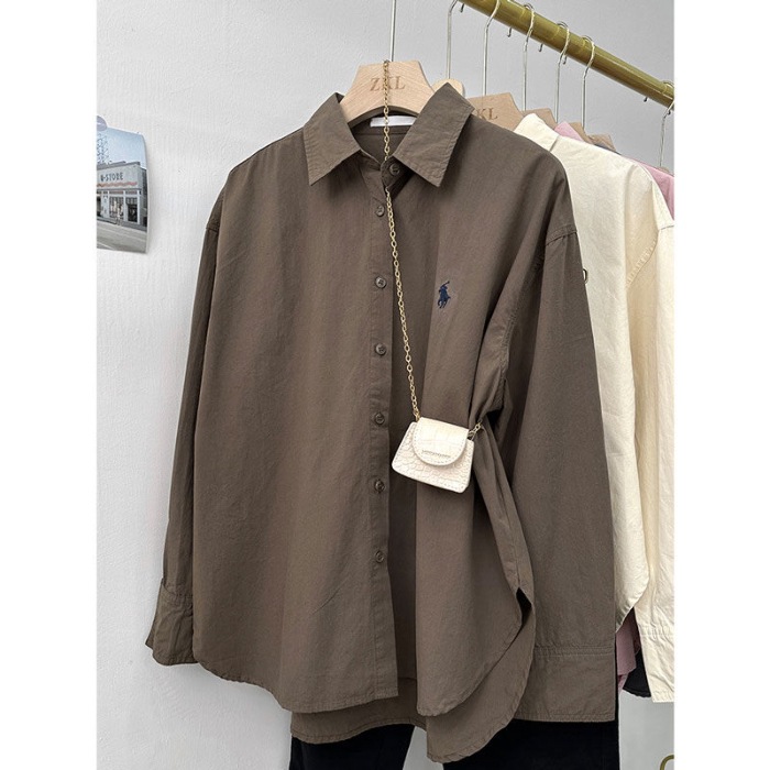 Pony embroidered shirt for women, loose Korean style, simple and high-end design, commuting shirt, fashionable and casual long sleeved top Pony embroidered shirt for women, loose Korean style, simple and high-end design, commuting shirt, fashionable and casual long sleeved top