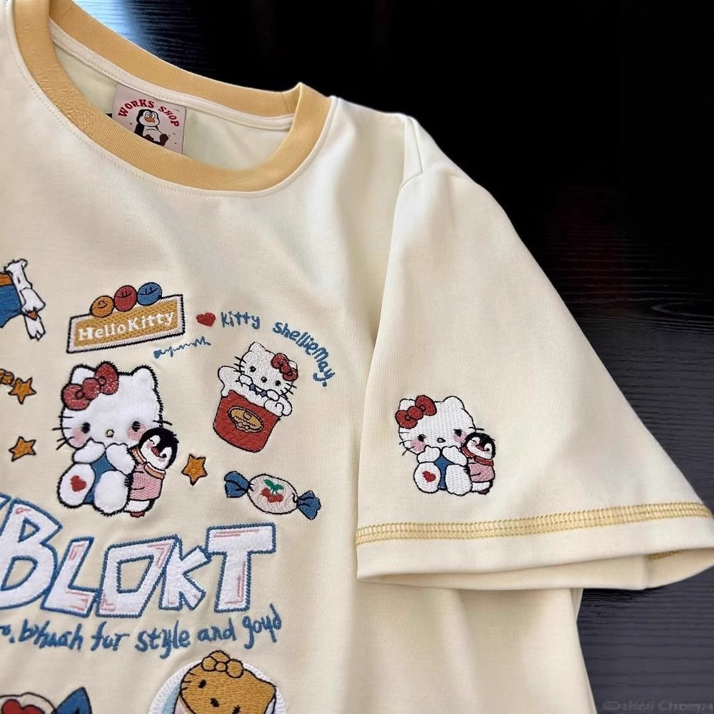 220g pure cotton dopamine outfit cute Hello Kitty cat embroidered short sleeved T-shirt for women loose fit 220g pure cotton dopamine outfit cute Hello Kitty cat embroidered short sleeved T-shirt for women loose fit