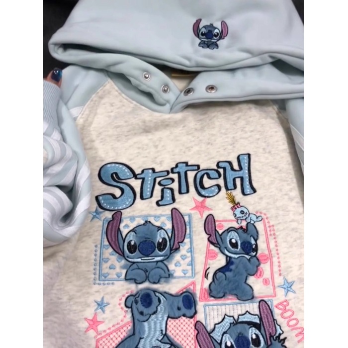 Pure cotton milk blue cute Stitch hooded sweatshirt for women in winter with plush and thick cartoon anti-aging top jacket Pure cotton milk blue cute Stitch hooded sweatshirt for women in winter with plush and thick cartoon anti-aging top jacket