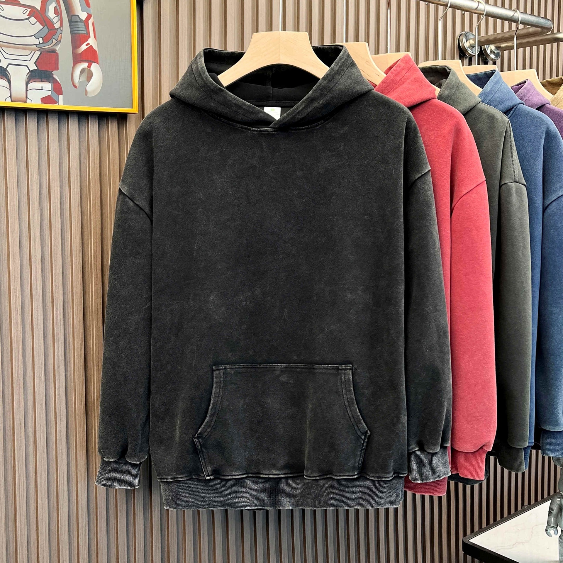 380g 100% cotton composite milk silk washed old hoodie hooded retro washed loose shoulder light version g