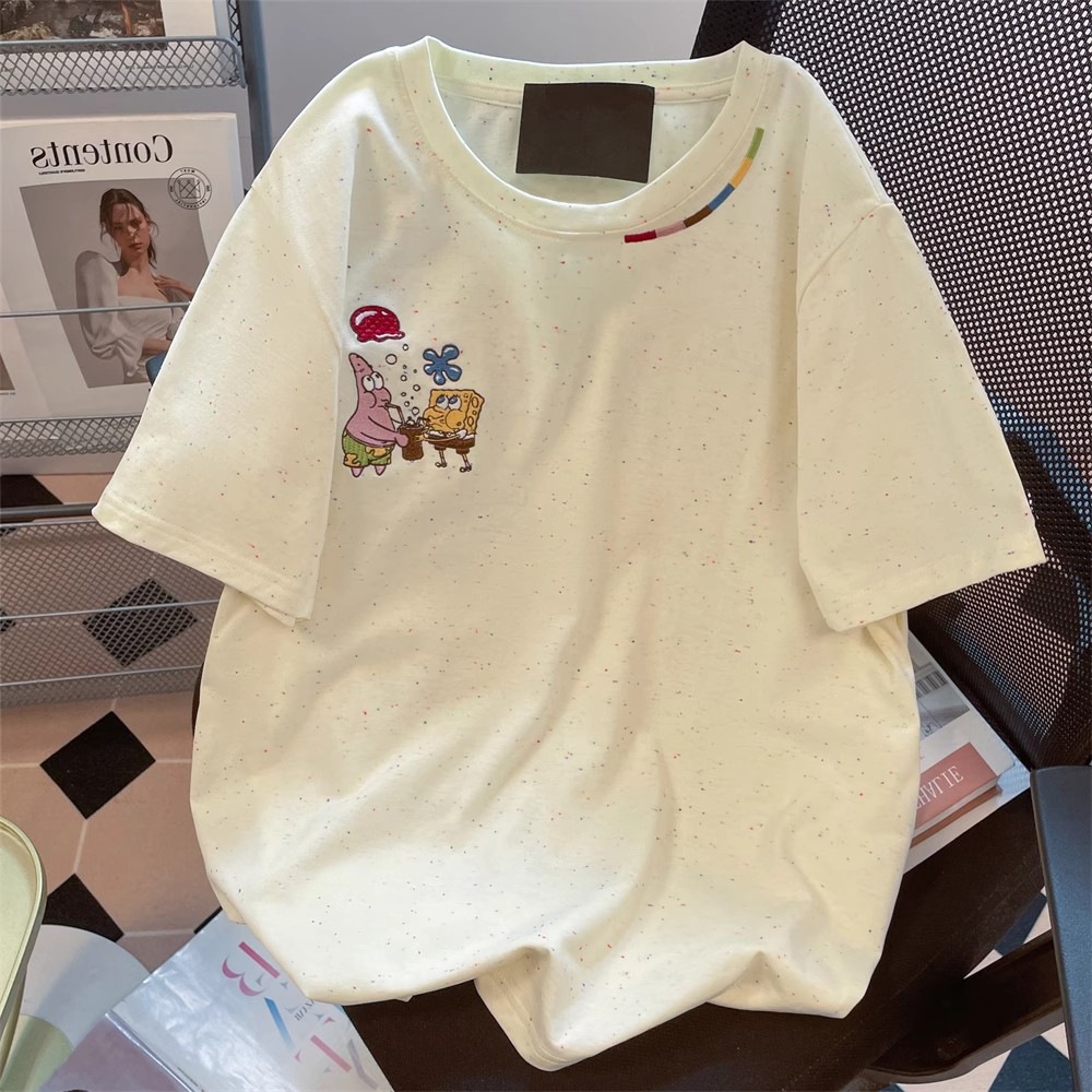 Real Price [Original Fabric Cotton 65% Polyester 35%] SpongeBob SquarePants Color Dot Cotton Embroidered Top Loose T-shirt