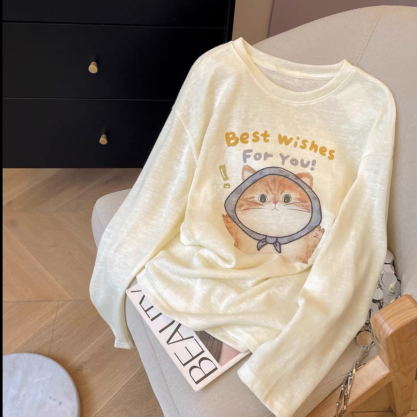 Cat printed long sleeved T-shirt for women 2025 new autumn outfit, knitted cover, loose printed top