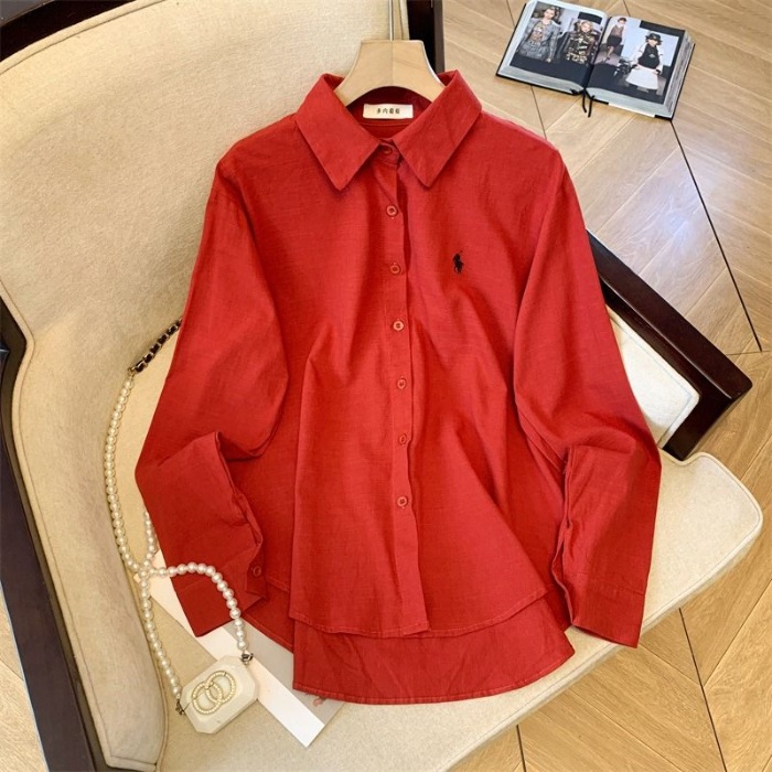 Pony embroidered shirt for women, loose Korean style, simple and high-end design, commuting shirt, fashionable and casual long sleeved top Pony embroidered shirt for women, loose Korean style, simple and high-end design, commuting shirt, fashionable and casual long sleeved top