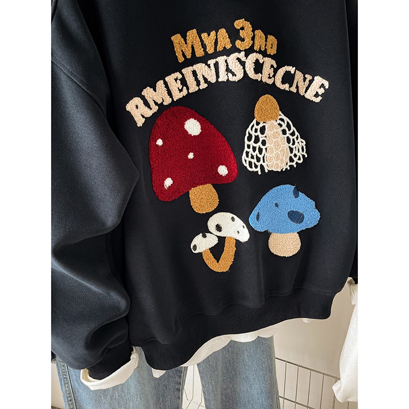 Original fabric pure cotton and cotton composite plus size mushroom embroidery hoodie 2025 loose casual fat mm round neck top Original fabric pure cotton and cotton composite plus size mushroom embroidery hoodie 2025 loose casual fat mm round neck top