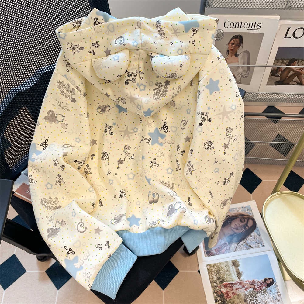 Japanese Sweet Bear Ears Cute Cartoon Hoodie Cardigan Female Junior High School Students Autumn and Winter Collection Plush Hooded Loose Coat Japanese Sweet Bear Ears Cute Cartoon Hoodie Cardigan Female Junior High School Students Autumn and Winter Collection Plush Hooded Loose Coat