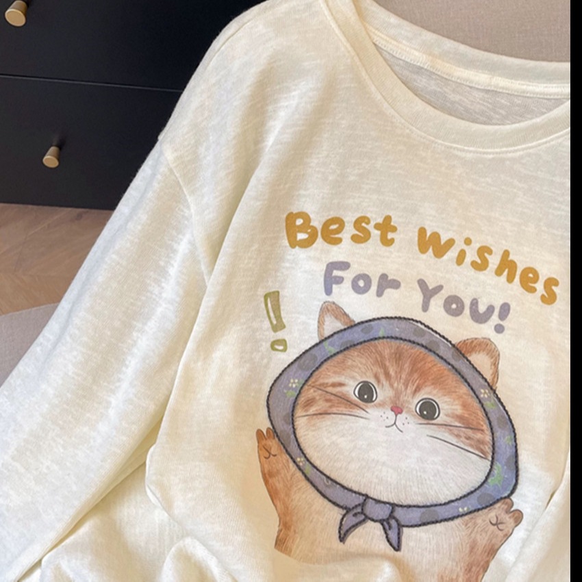 Cat printed long sleeved T-shirt for women 2025 new autumn outfit, knitted cover, loose printed top Cat printed long sleeved T-shirt for women 2025 new autumn outfit, knitted cover, loose printed top