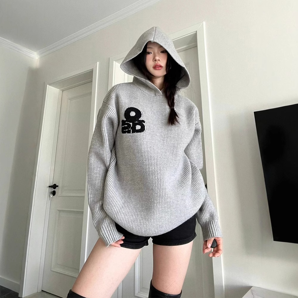 Sheepskin # American Retro Sweater Women's Autumn/Winter Letter Jacquard Hoodie Loose Lazy Knitted Top