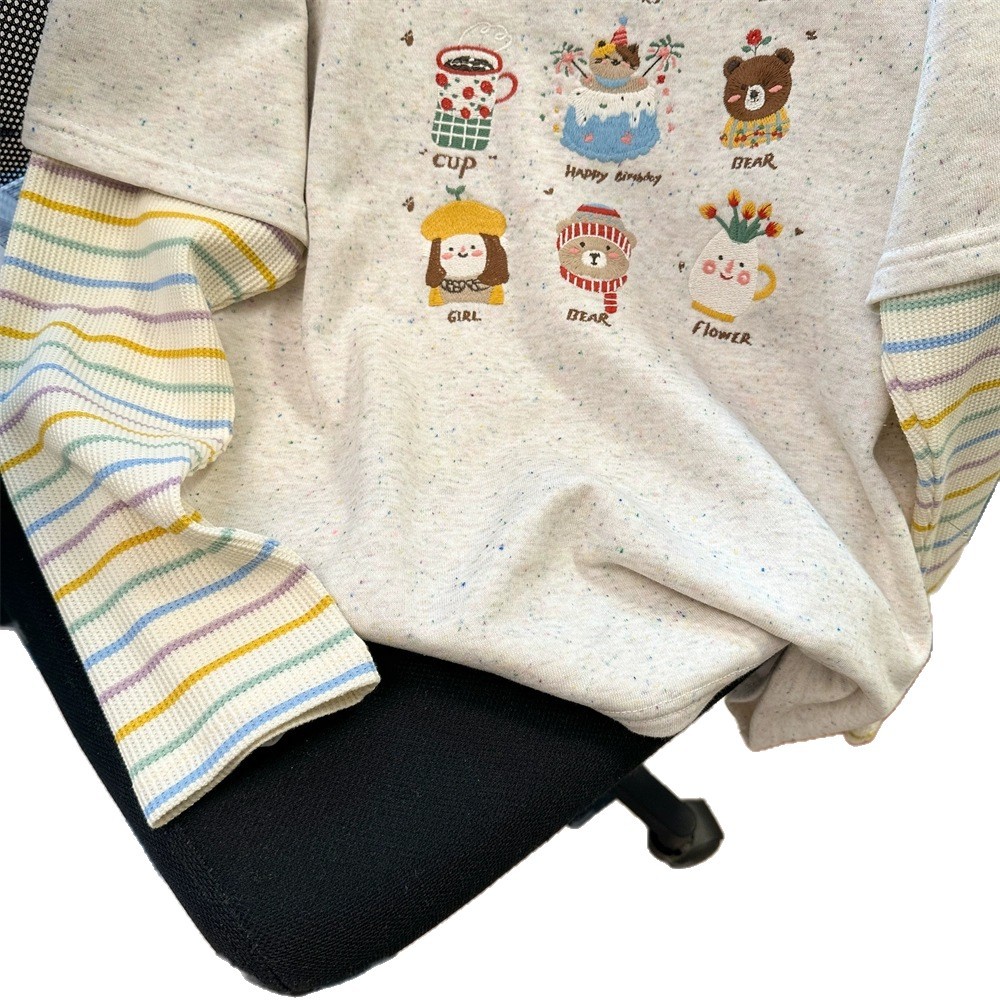300 Embroidered Cartoon Hoodie Autumn Vacation Two Piece Splicing Striped Long Sleeve T-shirt 300 Embroidered Cartoon Hoodie Autumn Vacation Two Piece Splicing Striped Long Sleeve T-shirt