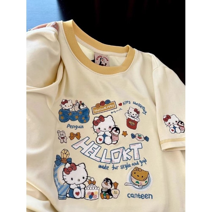 220g pure cotton dopamine outfit cute Hello Kitty cat embroidered short sleeved T-shirt for women loose fit 220g pure cotton dopamine outfit cute Hello Kitty cat embroidered short sleeved T-shirt for women loose fit