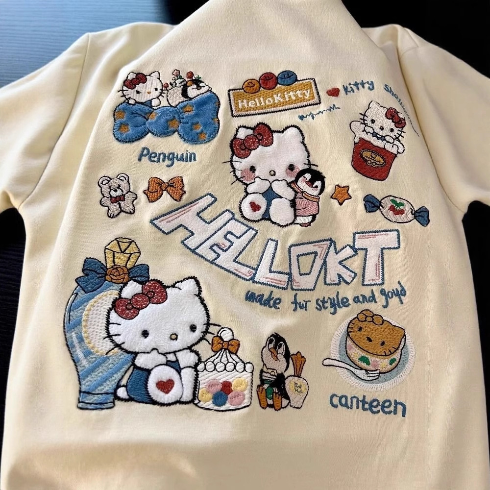 220g pure cotton dopamine outfit cute Hello Kitty cat embroidered short sleeved T-shirt for women loose fit 220g pure cotton dopamine outfit cute Hello Kitty cat embroidered short sleeved T-shirt for women loose fit