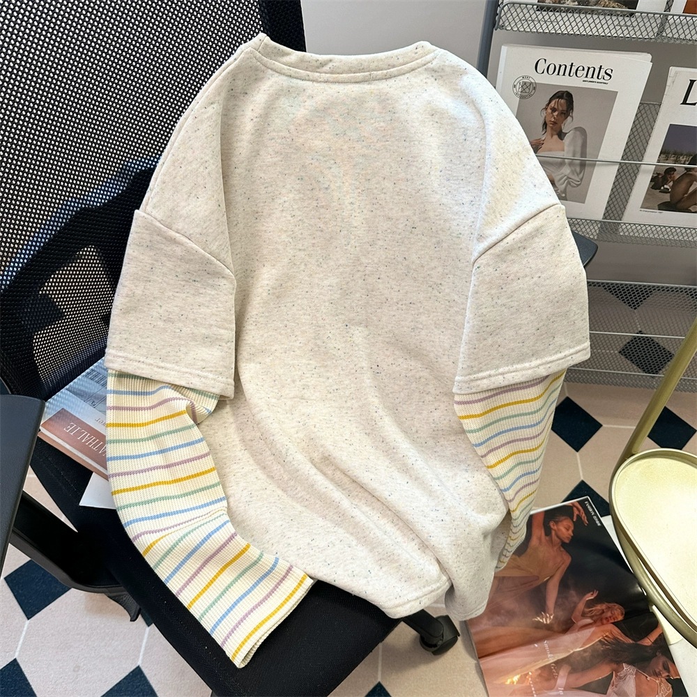 300 Embroidered Cartoon Hoodie Autumn Vacation Two Piece Splicing Striped Long Sleeve T-shirt 300 Embroidered Cartoon Hoodie Autumn Vacation Two Piece Splicing Striped Long Sleeve T-shirt