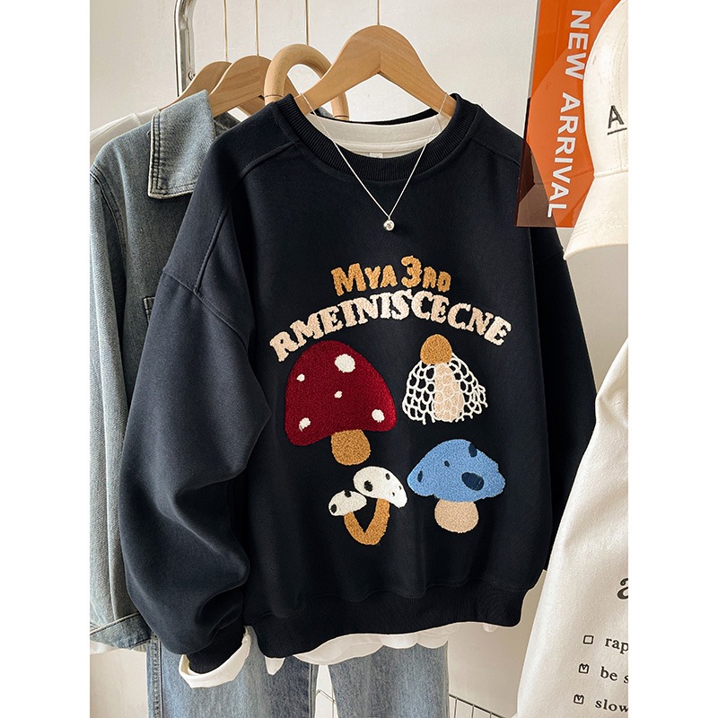 Original fabric pure cotton and cotton composite plus size mushroom embroidery hoodie 2025 loose casual fat mm round neck top