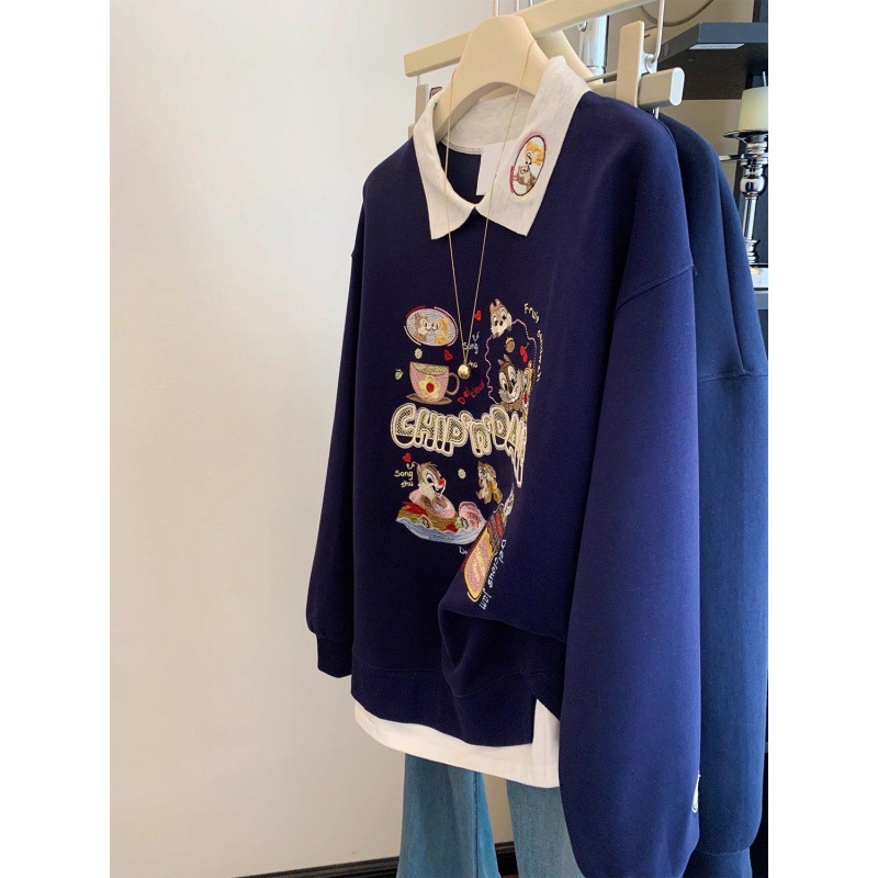 Navy blue embroidered polo collar hoodie for women, early autumn new item, fake, two unique super hot design, anti-aging top Navy blue embroidered polo collar hoodie for women, early autumn new item, fake, two unique super hot design, anti-aging top