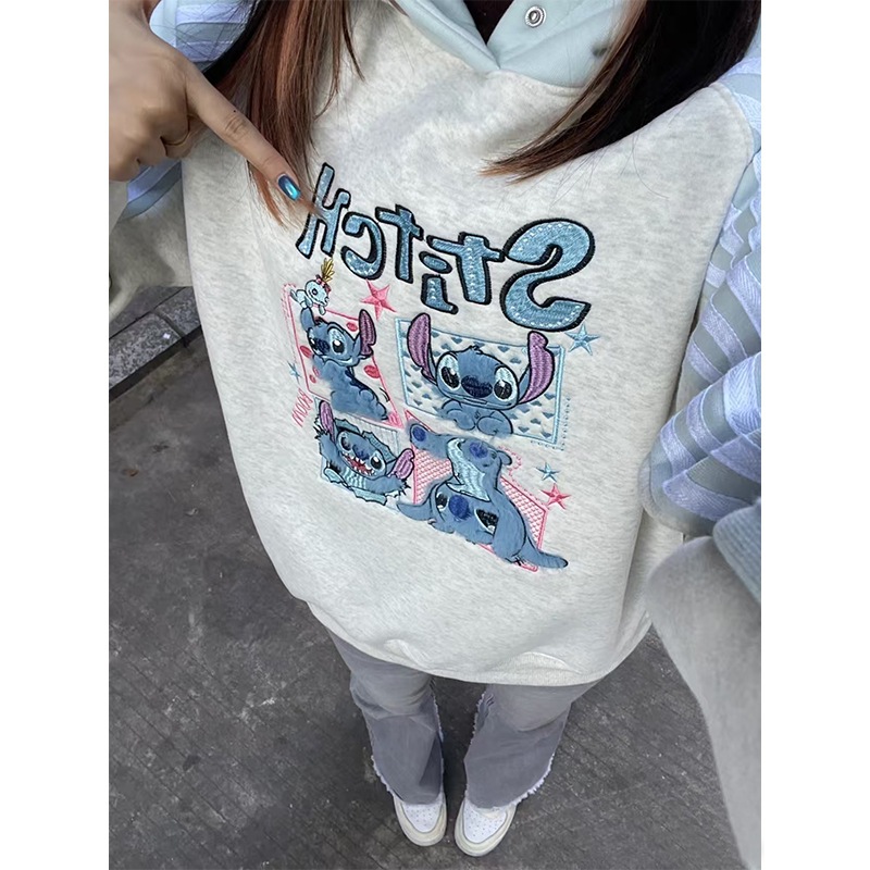 Pure cotton milk blue cute Stitch hooded sweatshirt for women in winter with plush and thick cartoon anti-aging top jacket Pure cotton milk blue cute Stitch hooded sweatshirt for women in winter with plush and thick cartoon anti-aging top jacket