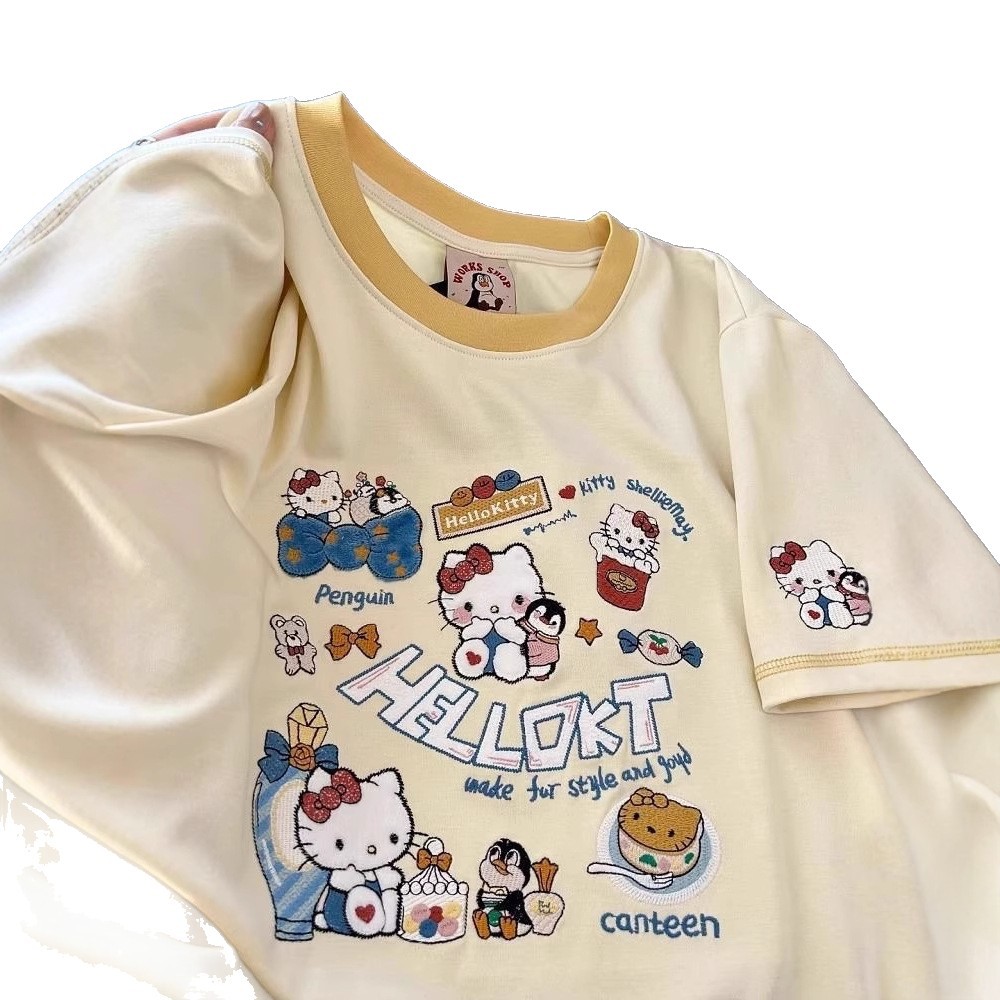 220g pure cotton dopamine outfit cute Hello Kitty cat embroidered short sleeved T-shirt for women loose fit 220g pure cotton dopamine outfit cute Hello Kitty cat embroidered short sleeved T-shirt for women loose fit
