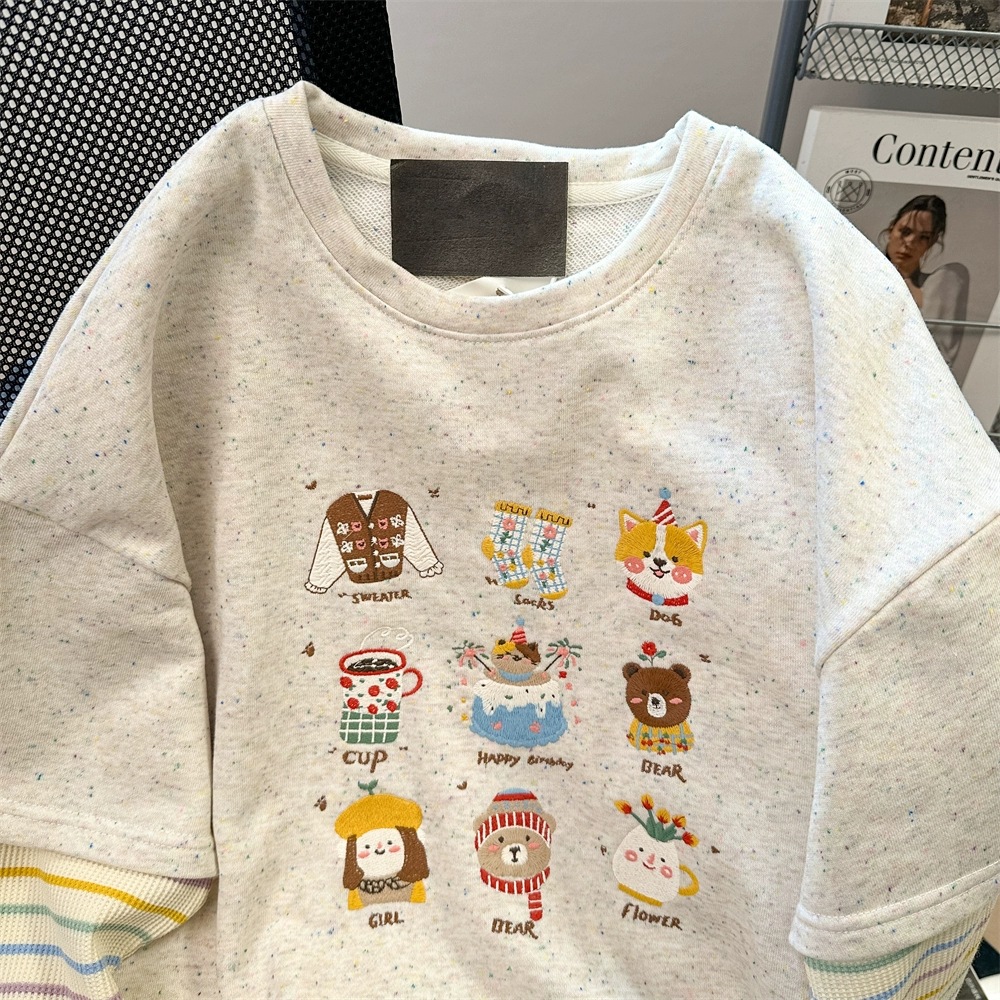 300 Embroidered Cartoon Hoodie Autumn Vacation Two Piece Splicing Striped Long Sleeve T-shirt 300 Embroidered Cartoon Hoodie Autumn Vacation Two Piece Splicing Striped Long Sleeve T-shirt