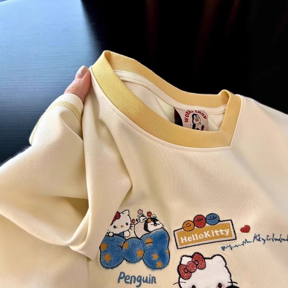 220g pure cotton dopamine outfit cute Hello Kitty cat embroidered short sleeved T-shirt for women loose fit 220g pure cotton dopamine outfit cute Hello Kitty cat embroidered short sleeved T-shirt for women loose fit
