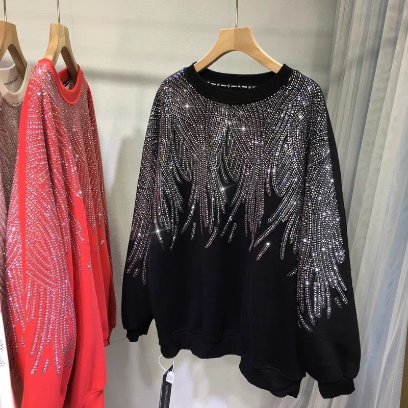 6554 # 300kg Extra Large Size with Thick Velvet Heavy duty Hot Drilled Front and Rear Full Drilled Light Luxury Wings Long Sleeve Hoodie for Women