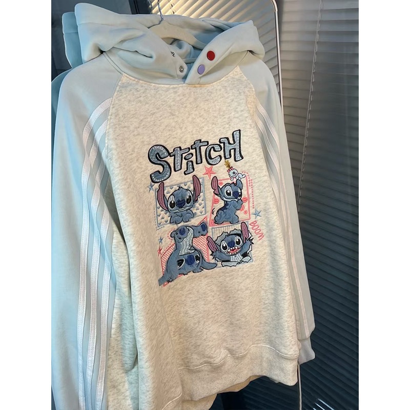 Pure cotton milk blue cute Stitch hooded sweatshirt for women in winter with plush and thick cartoon anti-aging top jacket Pure cotton milk blue cute Stitch hooded sweatshirt for women in winter with plush and thick cartoon anti-aging top jacket