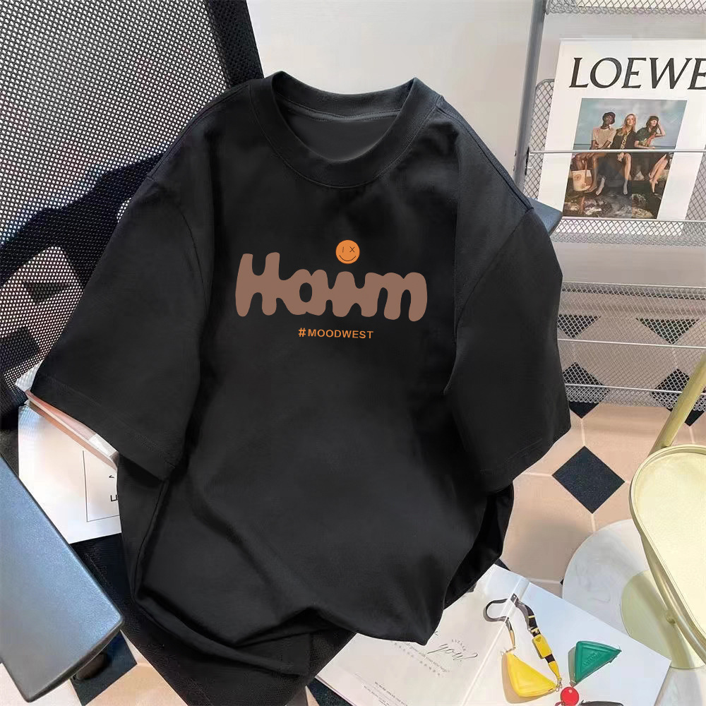 Manufacturer wholesale trend retro letter printed pattern top loose five quarter sleeve T-shirt simple versatile top Manufacturer wholesale trend retro letter printed pattern top loose five quarter sleeve T-shirt simple versatile top