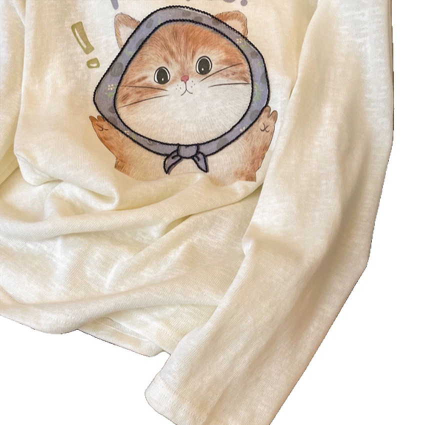 Cat printed long sleeved T-shirt for women 2025 new autumn outfit, knitted cover, loose printed top Cat printed long sleeved T-shirt for women 2025 new autumn outfit, knitted cover, loose printed top