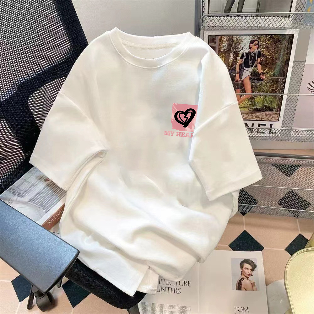 Manufacturer wholesale strawberry bear summer couple loose five quarter sleeve top with simple printing and versatile solid color T-shirt Manufacturer wholesale strawberry bear summer couple loose five quarter sleeve top with simple printing and versatile solid color T-shirt