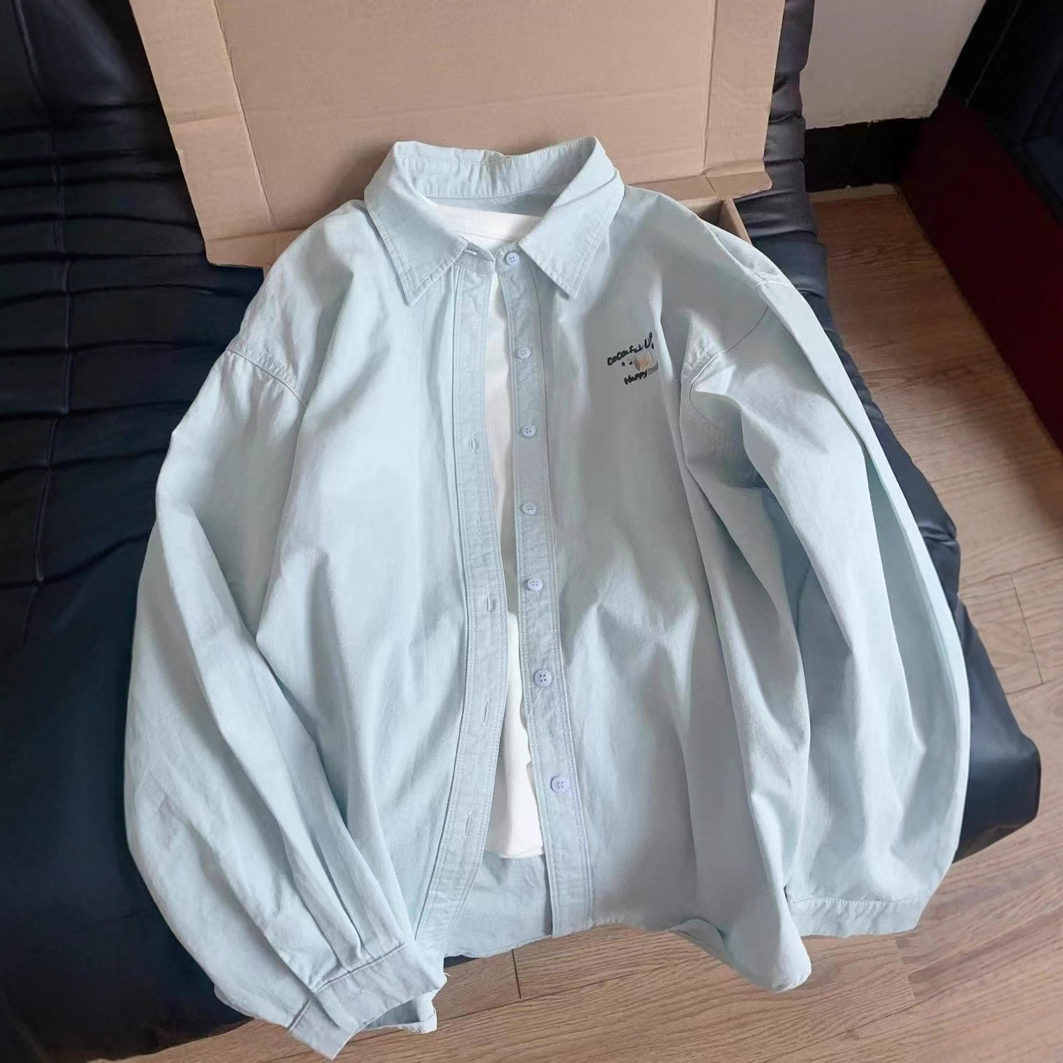 New versatile puppy embroidery pure cotton loose casual mid to long length long sleeved shirt for women's early autumn new shirt New versatile puppy embroidery pure cotton loose casual mid to long length long sleeved shirt for women's early autumn new shirt