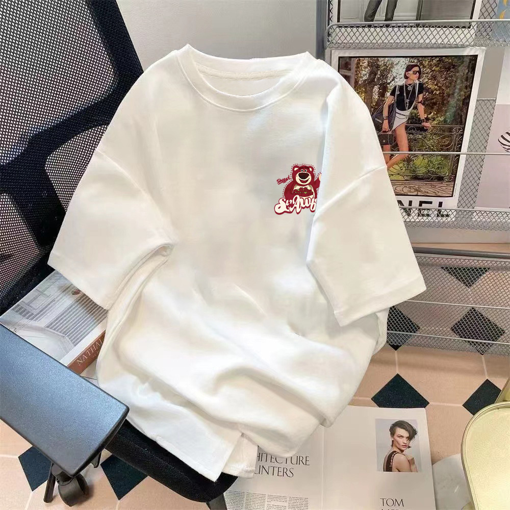 Manufacturer wholesale strawberry bear summer couple loose five quarter sleeve top with simple printing and versatile solid color T-shirt Manufacturer wholesale strawberry bear summer couple loose five quarter sleeve top with simple printing and versatile solid color T-shirt