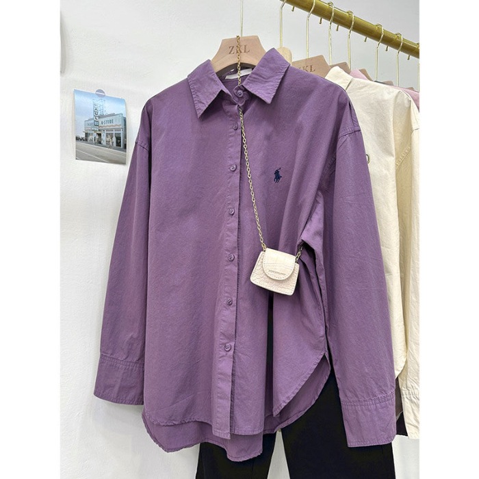 Pony embroidered shirt for women, loose Korean style, simple and high-end design, commuting shirt, fashionable and casual long sleeved top Pony embroidered shirt for women, loose Korean style, simple and high-end design, commuting shirt, fashionable and casual long sleeved top