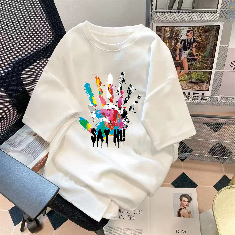 Manufacturer wholesale trend retro letter printed pattern top loose five quarter sleeve T-shirt simple versatile top Manufacturer wholesale trend retro letter printed pattern top loose five quarter sleeve T-shirt simple versatile top