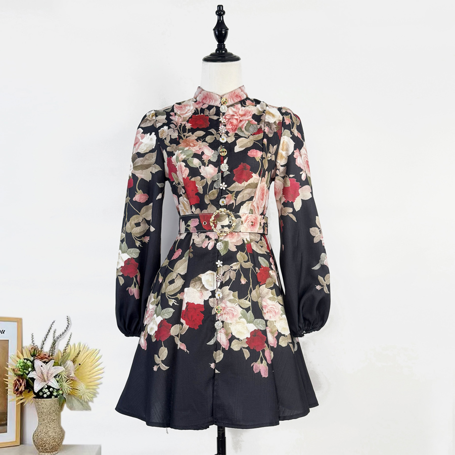 Real time shooting of Spring and Autumn new style women's standing collar lantern long sleeved waist cinching large swing printed jumpsuit short skirt+belt