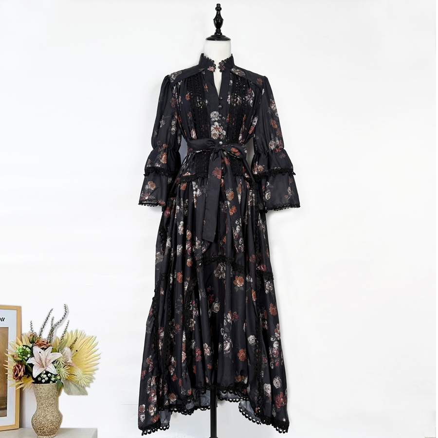 Real shooting of light luxury high-end 2025 autumn and winter new V-neck printed lace irregular large swing long waist dress