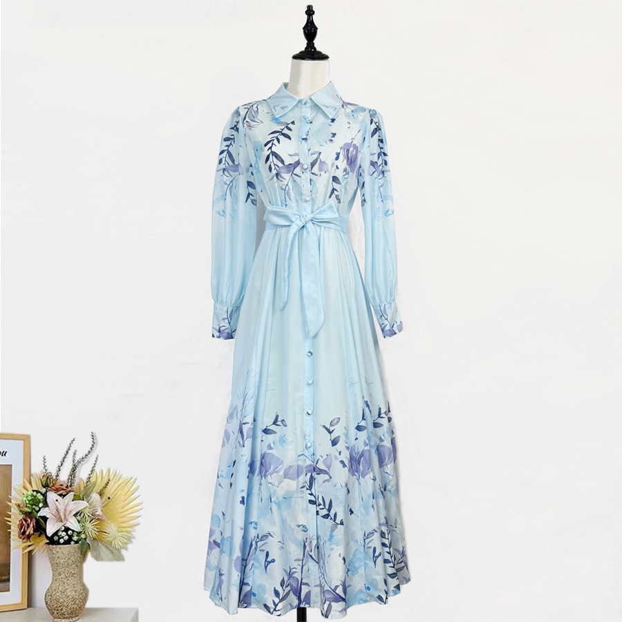 Real time shooting of elegant women's clothing for early autumn, 2025 American style loose retro printed lapel tie waist length dress Real time shooting of elegant women's clothing for early autumn, 2025 American style loose retro printed lapel tie waist length dress