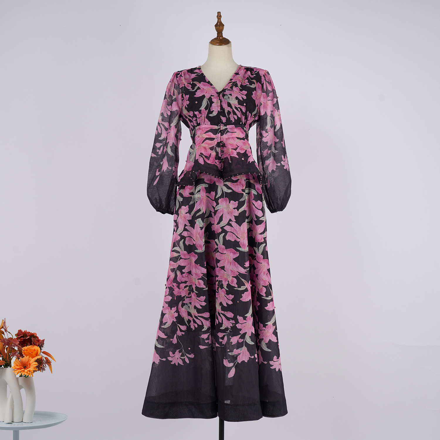 Real shooting of 2025 vacation style new Tencel hemp stand collar patterned button design long suit dress