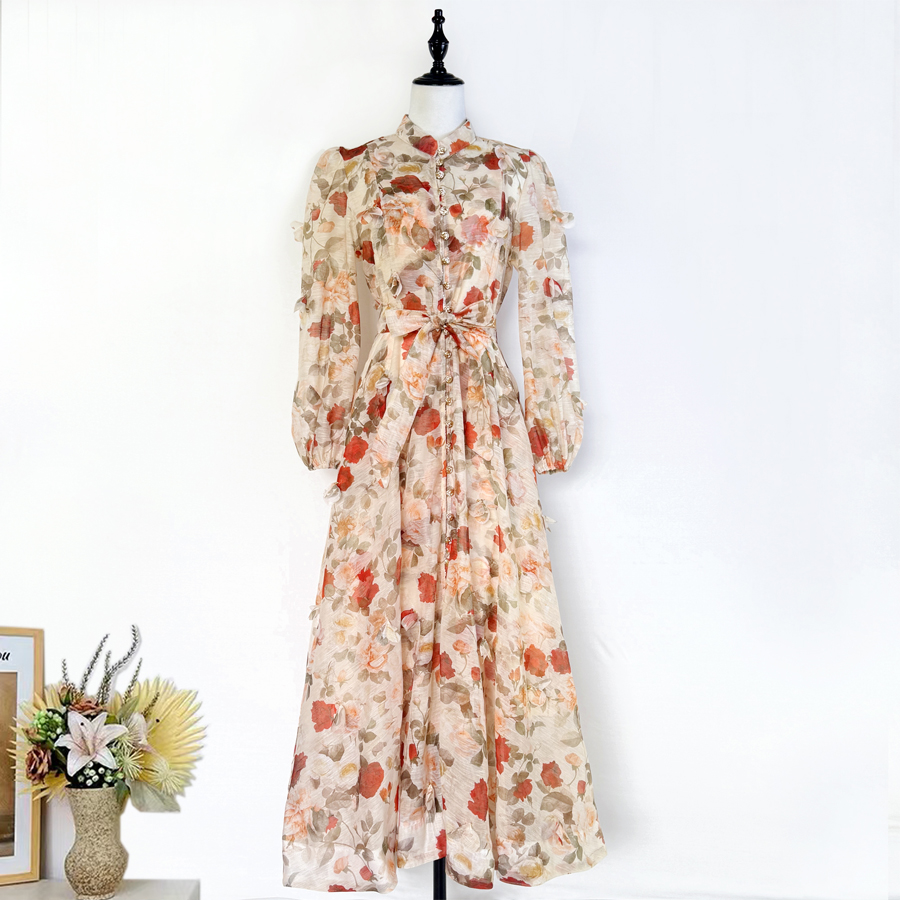 Real shot French elegant standing collar flower buckle heavy flower decoration waist cinching tie up big swing dress long skirt for women