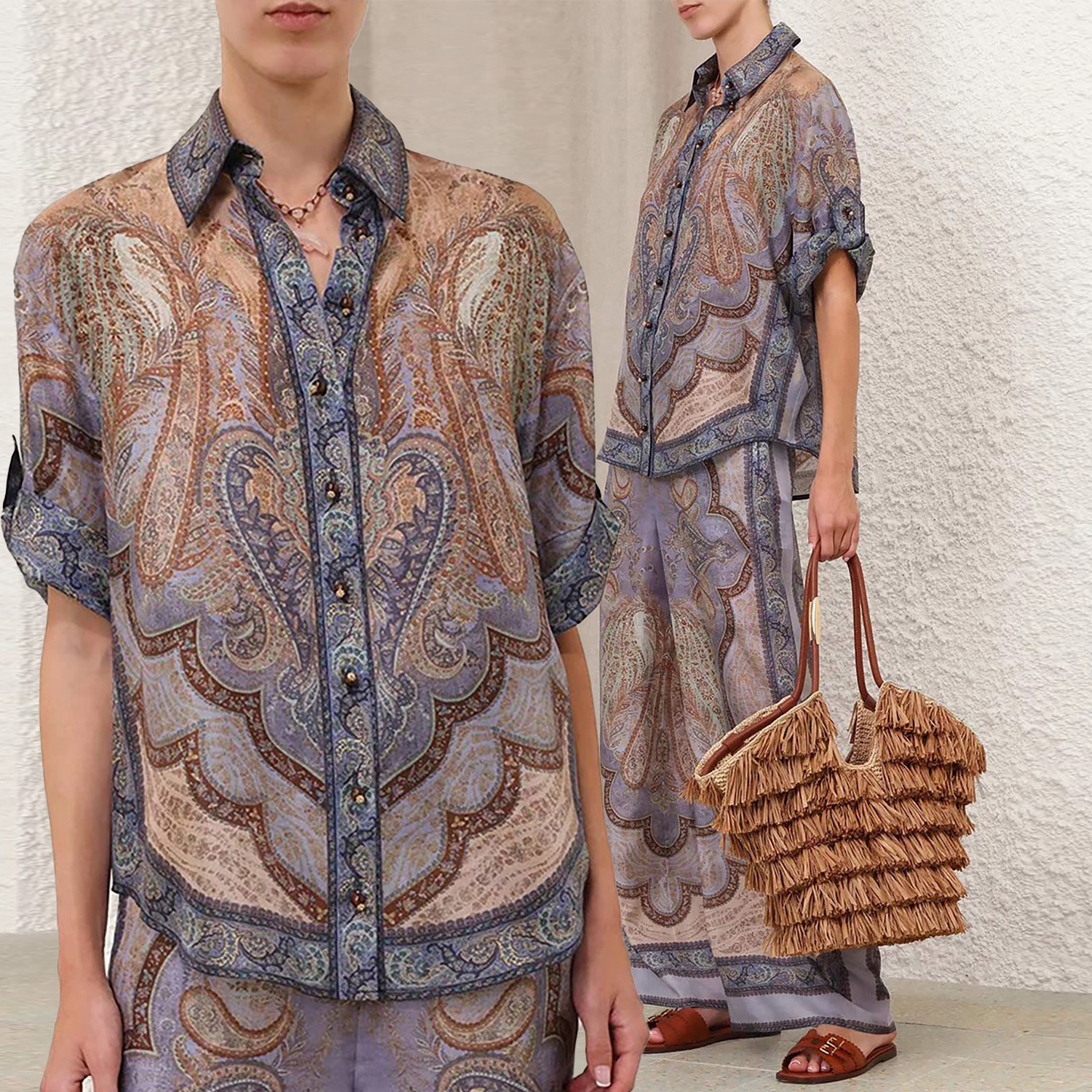 2026 vacation swimsuit new silk satin short sleeved shirt long pants set