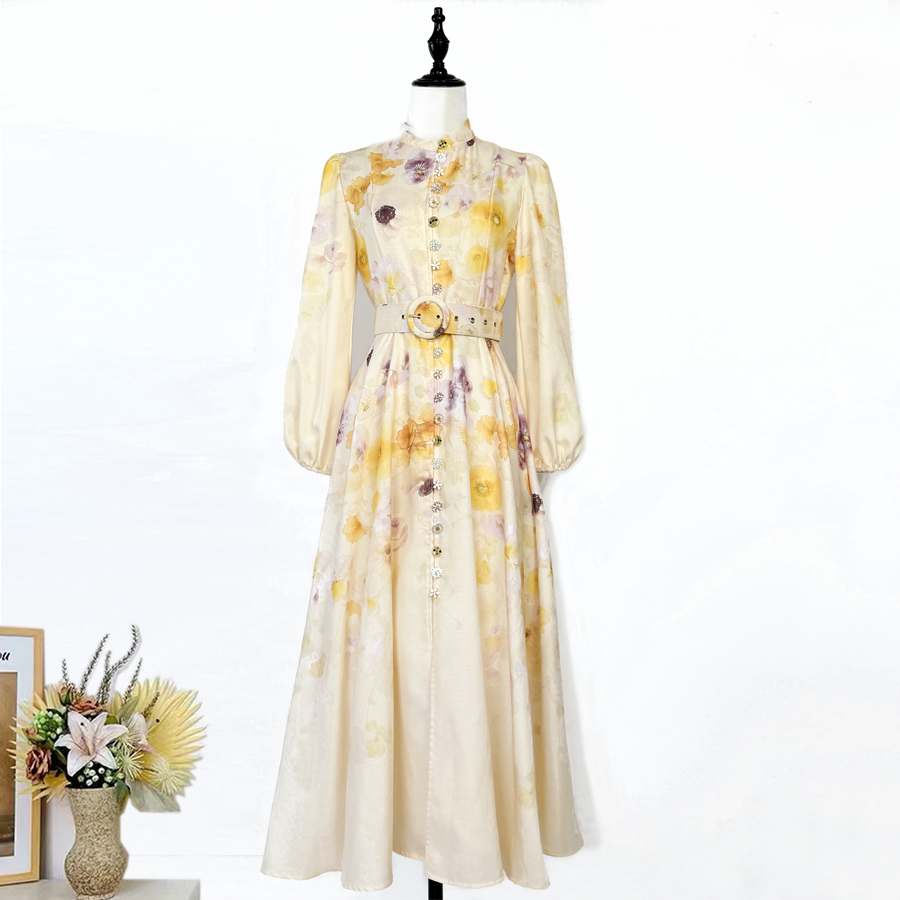 Real shot of a new Australian niche retro printed small stand up collar lantern sleeve single breasted classic dress+belt