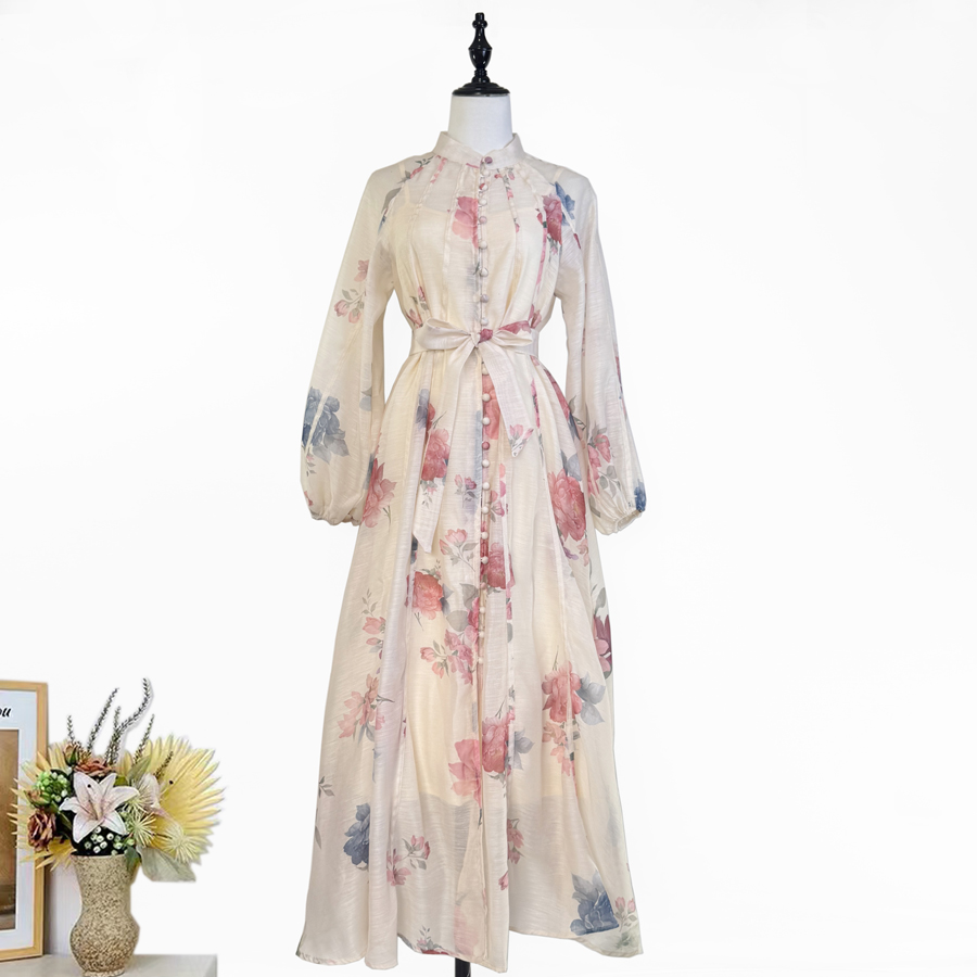 Real shot French court style niche super fairy print stand up collar dress with women's volleyball buckle and waist cinching elegant large swing skirt