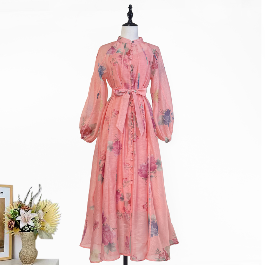 Real shot Heavy Industry Collage Women's Retro Printed Strap Waist Lantern Sleeve Single breasted socialite Dress Long Dress